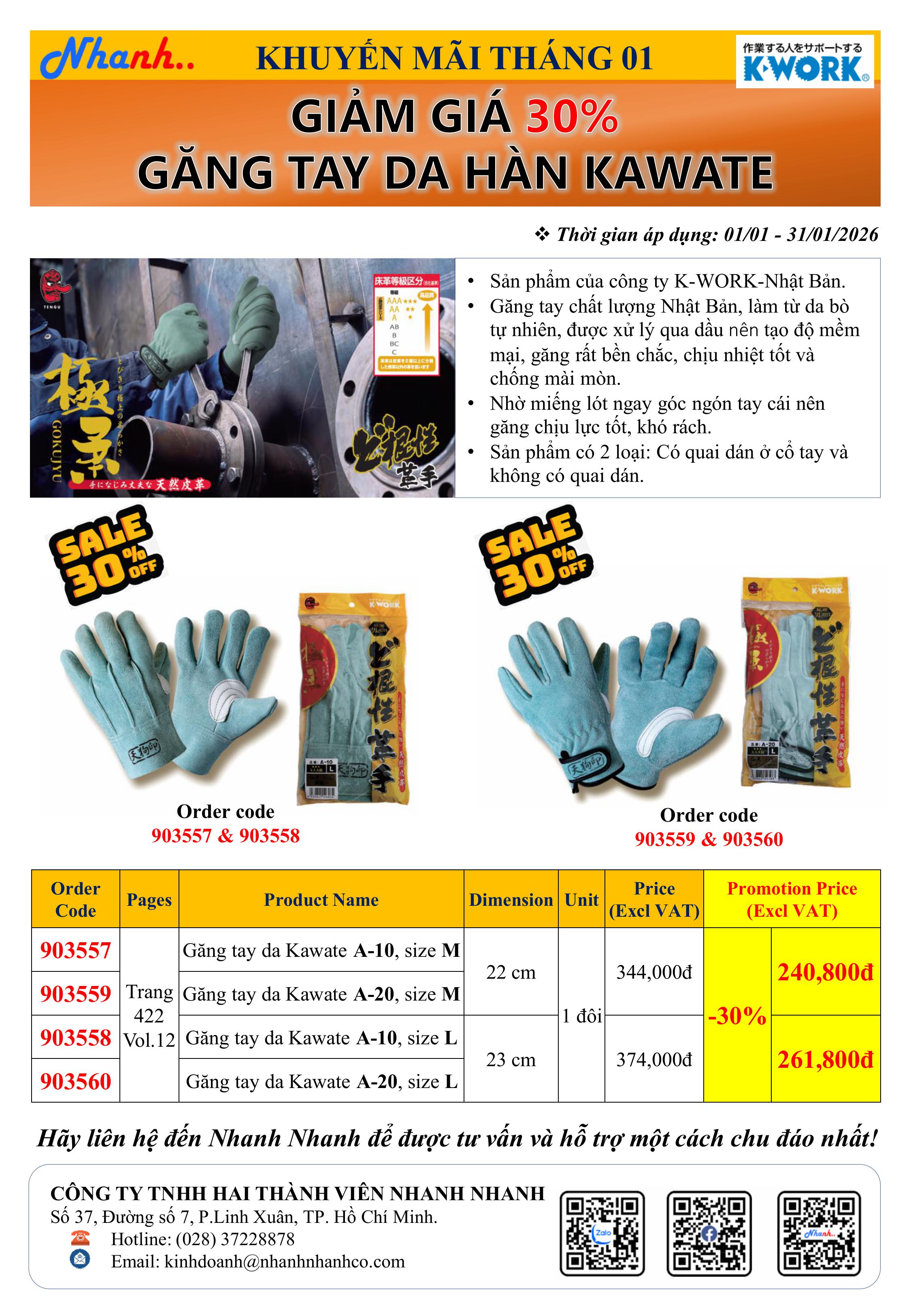 Chương trình khuyến mãi 30% Găng tay da hàn KAWATE (K-WORK – Nhật Bản)